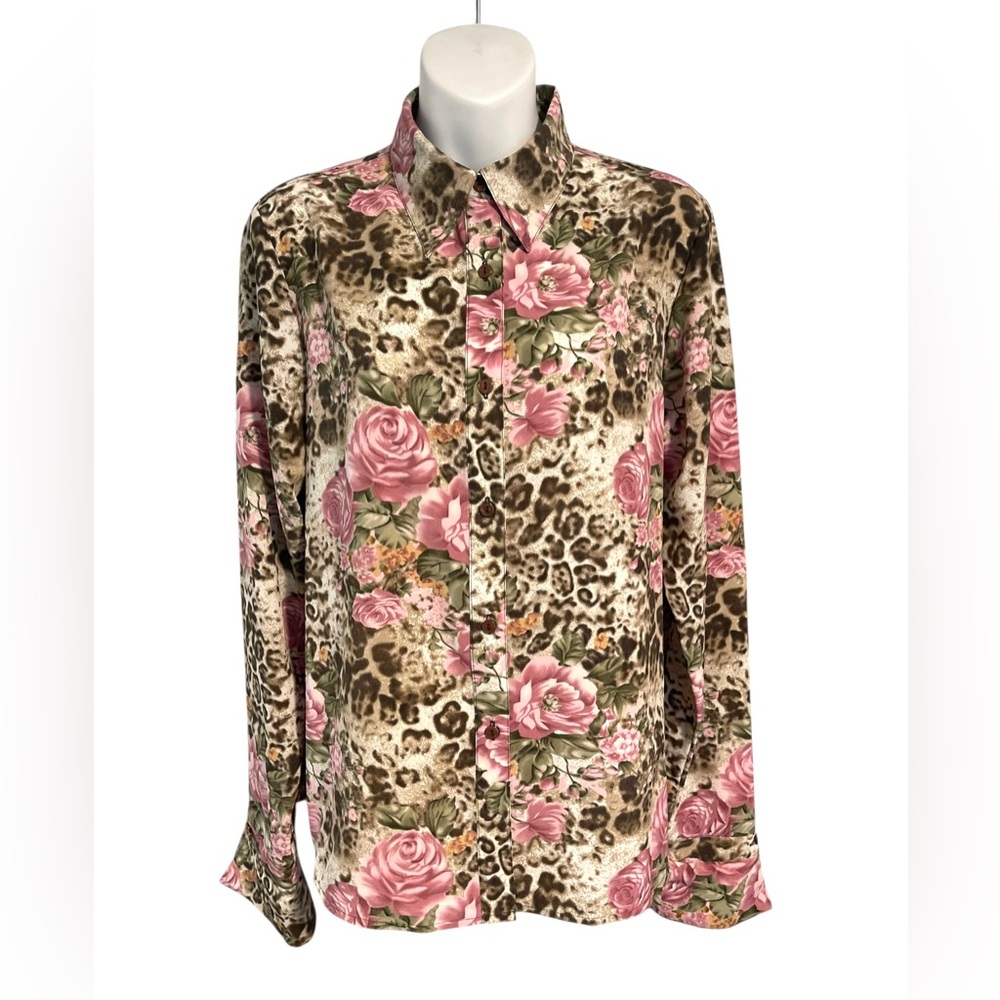 Claudia Richard Floral & Animal Print Long Button Up NEW Shirt Oversized Small